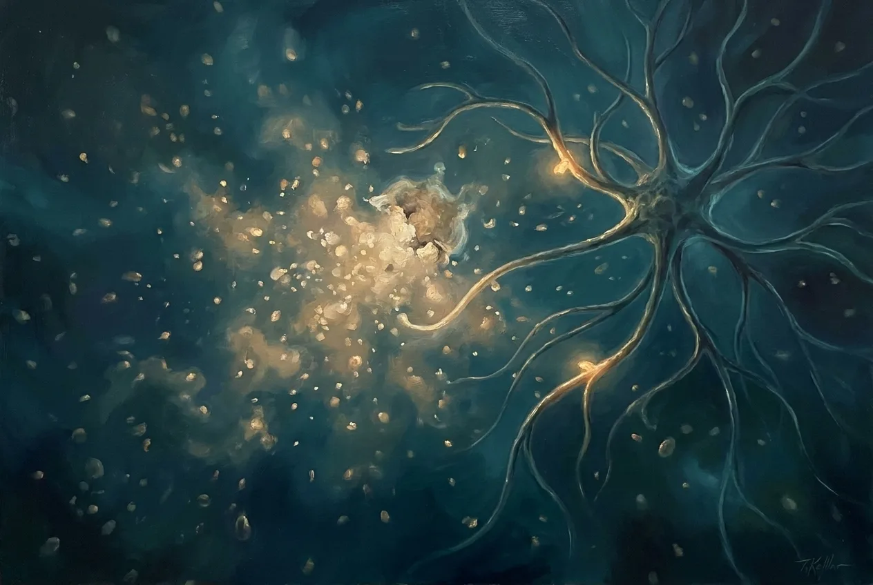 An abstract painting of the body's interior as deep teal water: a single cell torn open spills glowing gold motes while a branching dendritic cell reaches in to sense them.