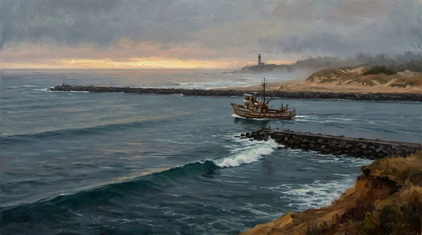 A single fishing boat lined up to cross the bar at the mouth of Yaquina Bay at first light, between two long rock jetties, with a lighthouse faint on the far headland.