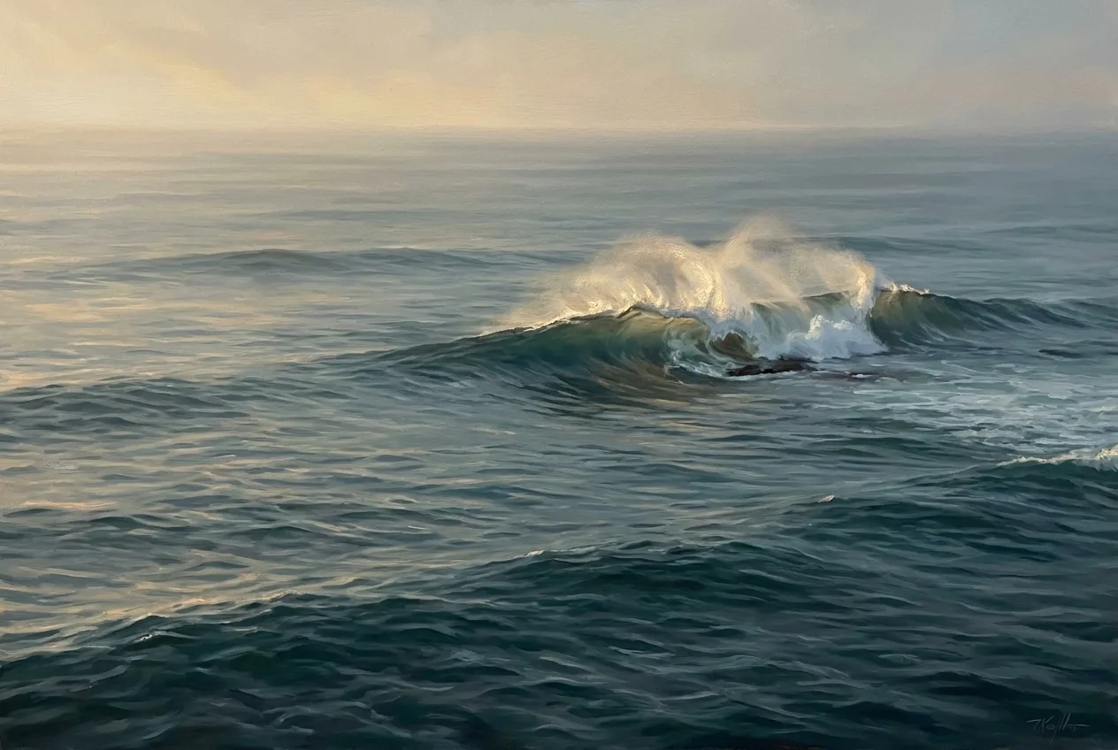 A calm dawn ocean where a single large wave rears up and breaks violently over a hidden submerged reef while the rest of the sea stays smooth.