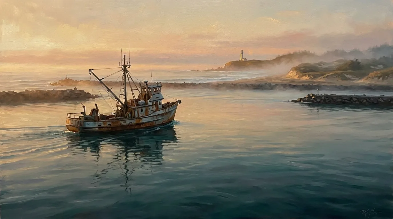 The same fishing boat now safely inside the calm waters of Yaquina Bay at golden hour, the jetties and open Pacific receding behind it.